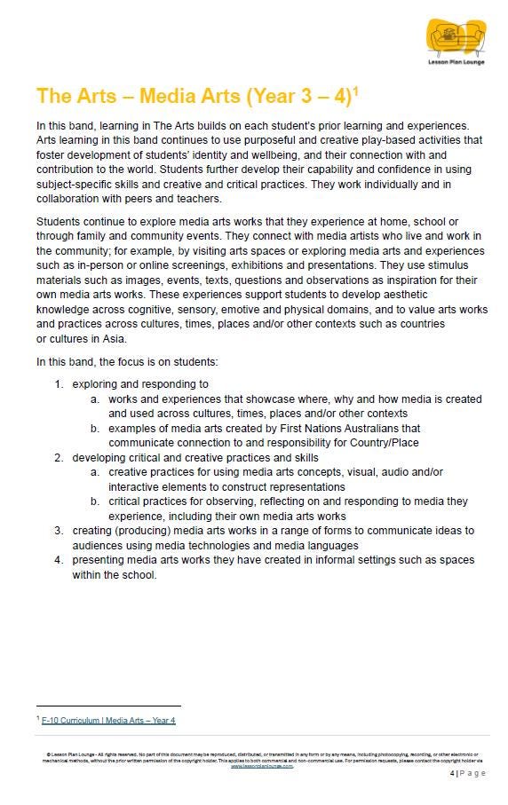 Media Arts - The Arts: 10 Lesson Plans + 1 Summative Assessment Task (Year 4)