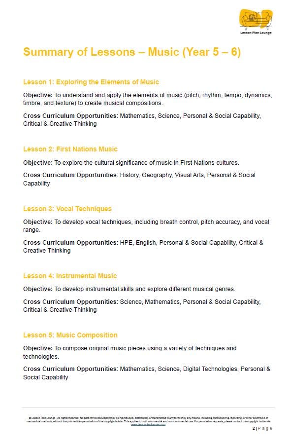 Music - The Arts: 10 Lesson Plans (covering 20-30 lessons) + 1 Summative Assessment (Year 5)