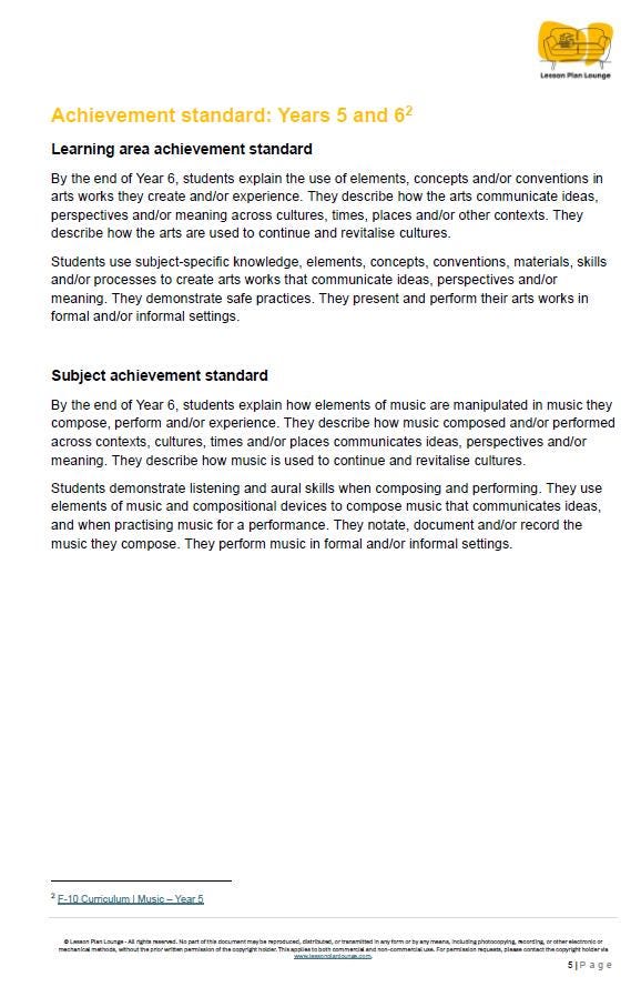 Music - The Arts: 10 Lesson Plans (covering 20-30 lessons) + 1 Summative Assessment (Year 5)