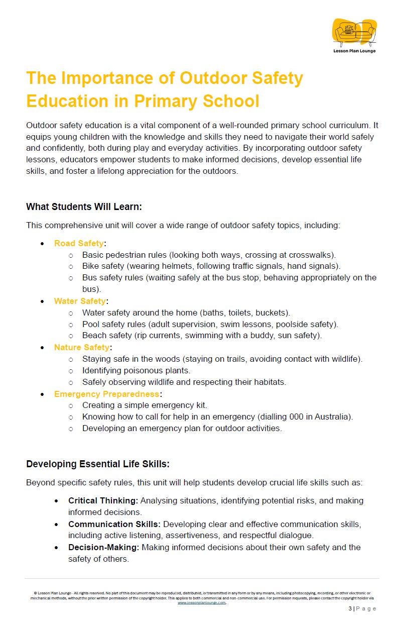 Outdoor Safety: 10 Lesson Plans + 1 Summative Assessment + Worksheet suggestions (Primary Education)
