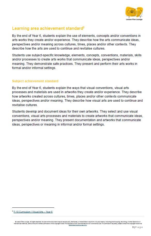 Visual Arts - The Arts: 10 Lesson Plans (covering 20-30 lessons) + 1 Summative Assessment (Year 5)