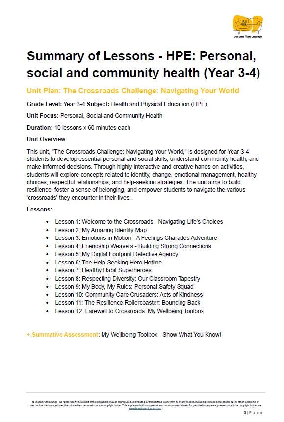 HPE - Personal, social and community health: Lesson Plans (12 lessons) + 1 Summative Assessment + FREE Student Workbook (Year 3-4)