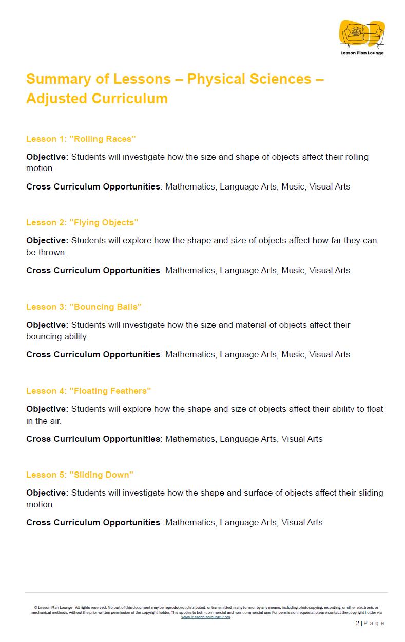 PHYSICAL Sciences Adjusted Curriculum: 10 Lesson Plans + 1 Summative Assessment (Kindergarten/ Foundation Year)