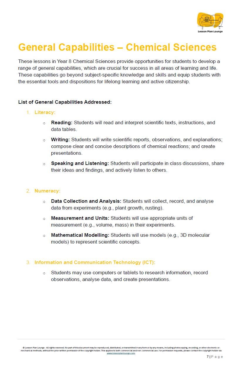 Science - Chemical Sciences: 10 Lesson Plans + 1 Summative Assessment Task + FREE Student WORKBOOK (Year 8)