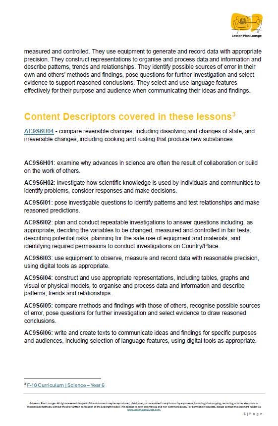 Science - Chemical Sciences: 10 Lesson Plans, covering up to 20 lessons + 1 Summative Assessment and FREE Student Workbook (Year 6)