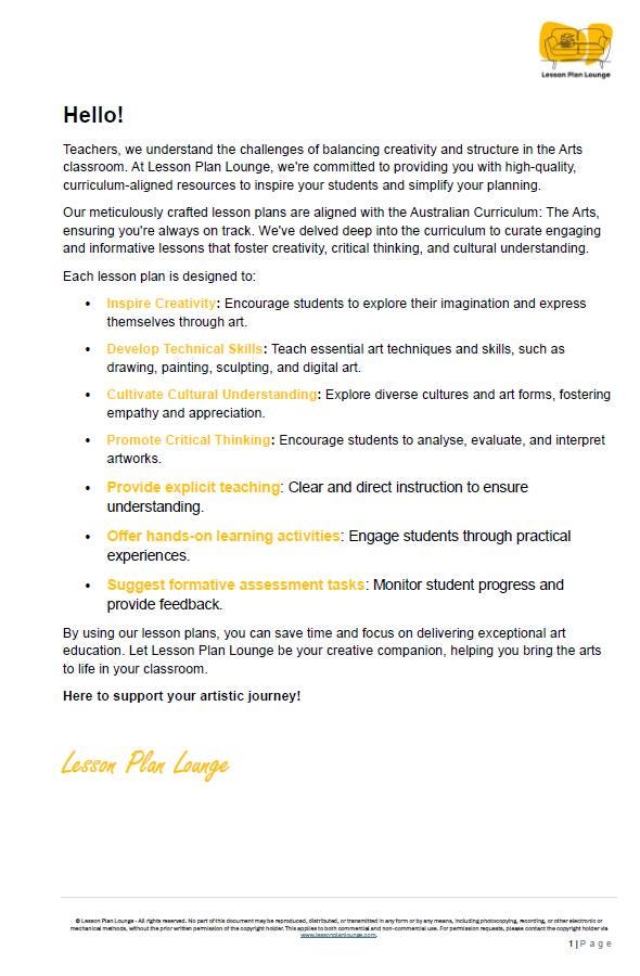 Visual Arts - The Arts: 10 Lesson Plans (covering 20-30 lessons) + 1 Summative Assessment (Year 5)