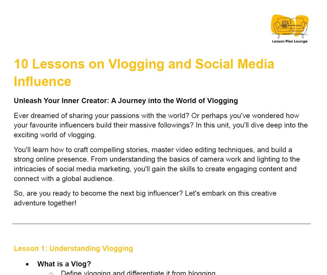 Vlogging and Social Media Influence: 10 Lesson Plans + 1 Summative Assessment + Worksheet Suggestions (High School)