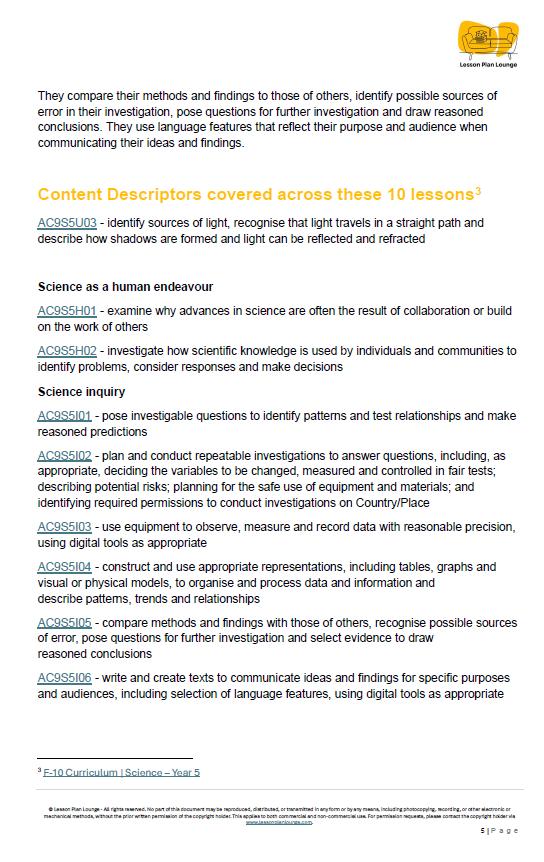 Science - Physical Sciences: Lesson Plans (10 lessons) + 1 Summative Assessment + FREE Student Workbook (Year 5)
