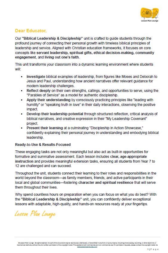 Studies of Religion - Biblical Leadership & Discipleship: 10 Lesson Plans + 1 Summative Assessment Task + FREE Student WORKBOOK (Yr 7-12)