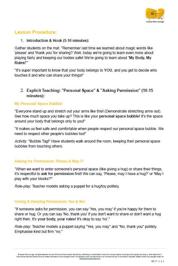 HPE - Personal, Social and Community Health: 11 Lesson Plans + 1 Summative Assessment and FREE Student WORKSHEETS (Kindergarten)