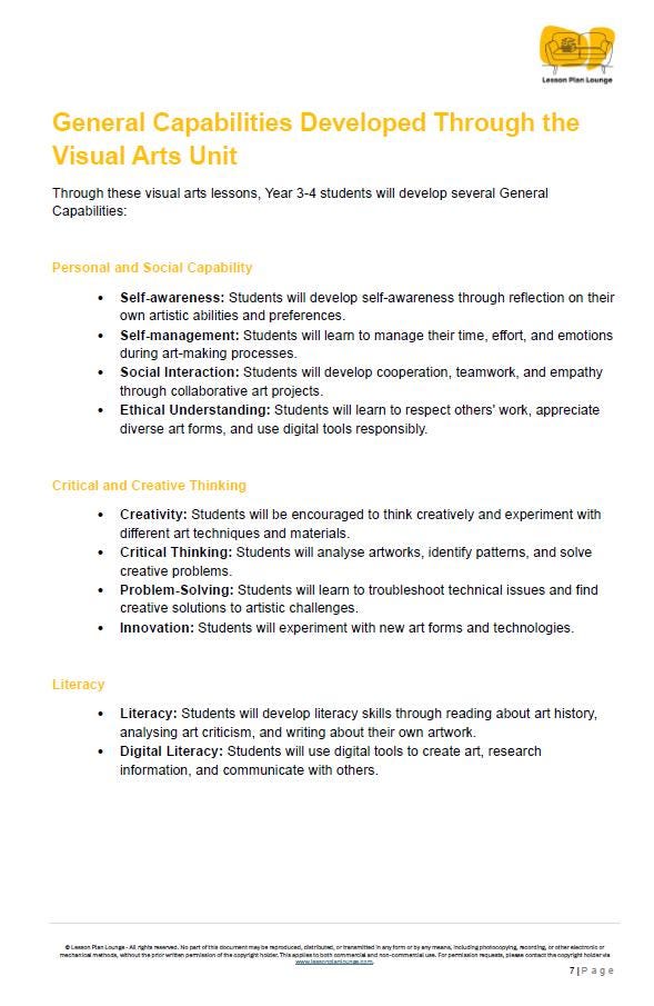 Visual Arts - The Arts: 10 Lesson Plans + 1 Summative Assessment + 25 Extra Visual Arts Ideas (Year 4)