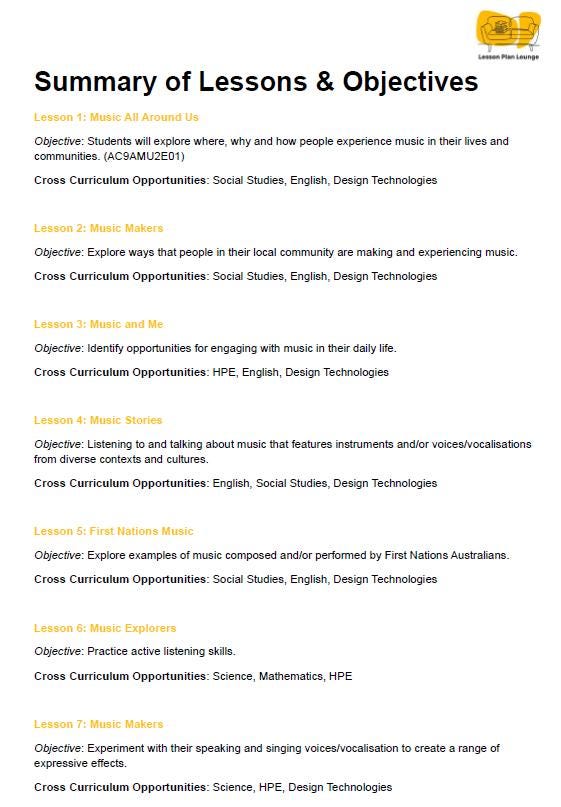 The Arts - MUSIC: 12 Lesson Plans + 1 Summative Assessment (Year 1)