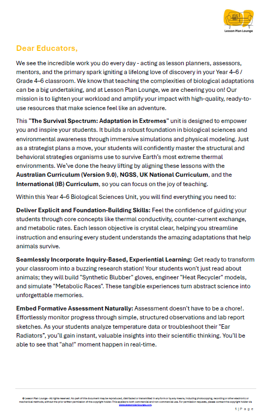 Biological Sciences - ADAPTATION, how Animals survive in extreme cold vs heat - LESSON PLANS