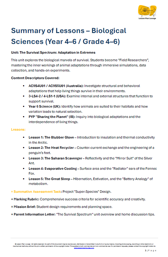 Biological Sciences - ADAPTATION, how Animals survive in extreme cold vs heat - LESSON PLANS
