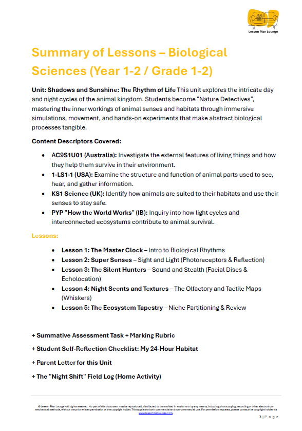 Biological Sciences - Nocturnal vs Diurnal Animals of the Day and Night - Year/ Grade 1-2