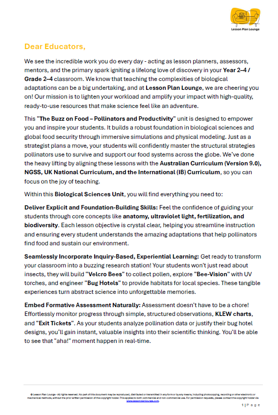 Biological Sciences - Pollinators Bees Butterflies and their role in food - Year/ Grade 2-4
