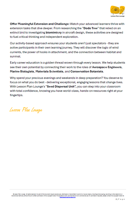 Biological Sciences - Seed Dispersal Wind, Water and Animal Transport - Year/ Grade 3-4