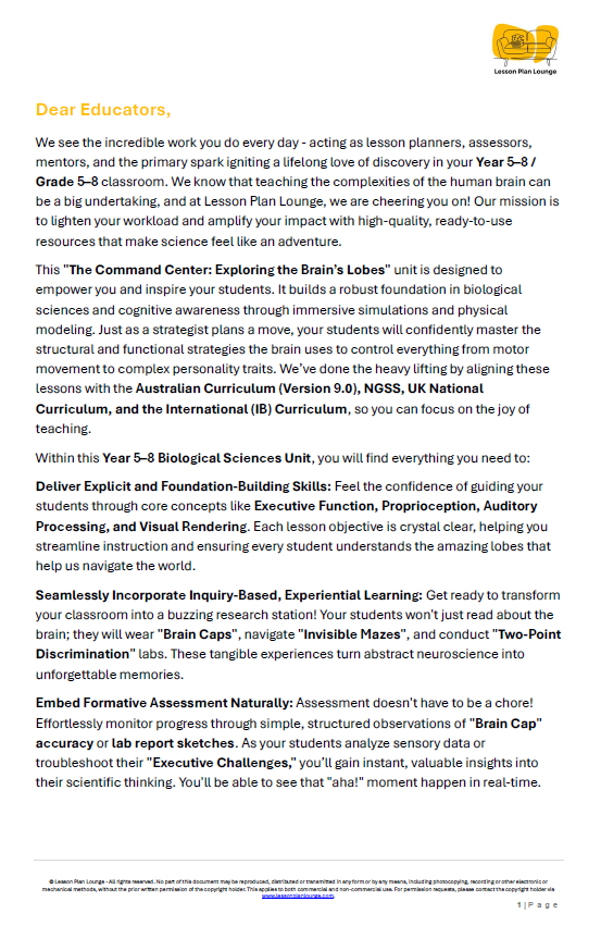 Biological Sciences - The Brain Basic Lobes and what they Control - Year/ Grade 5-8