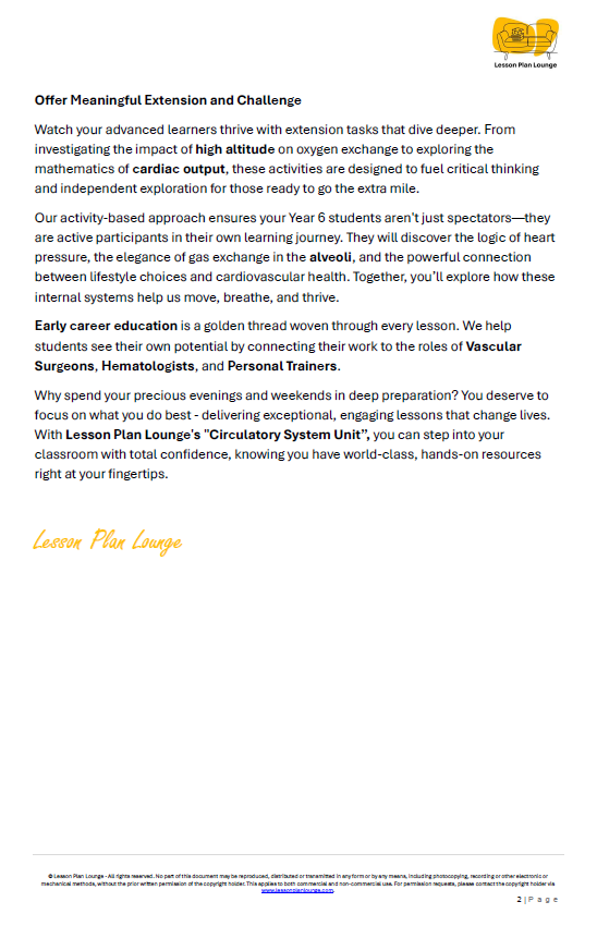 Biological Sciences - The Circulatory System Heart and Blood Vessels - Year/ Grade 5-6