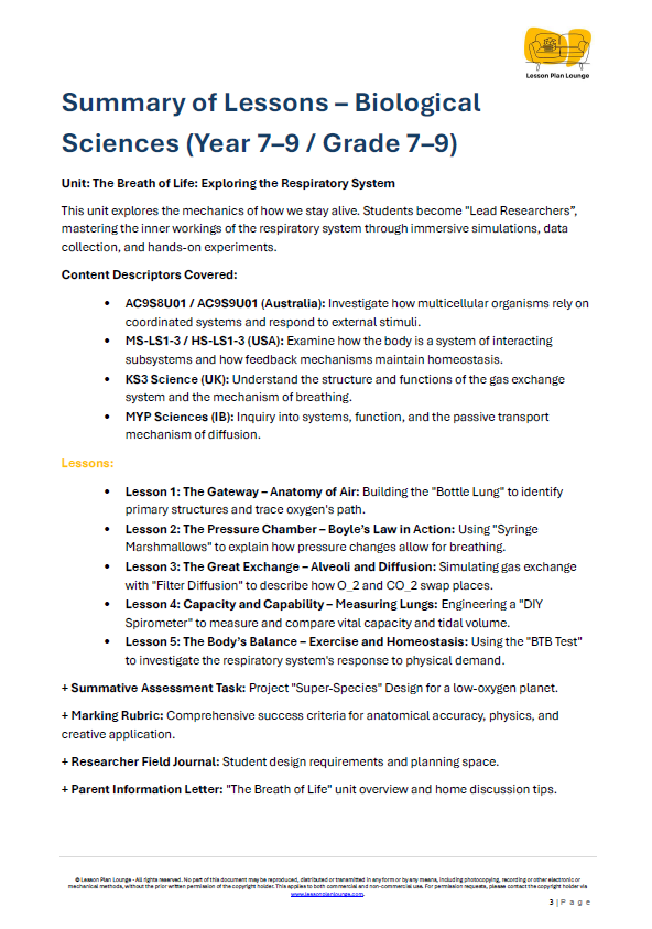 Biological Sciences - The Respiratory System Lungs and Gases - Year/ Grade 7-9