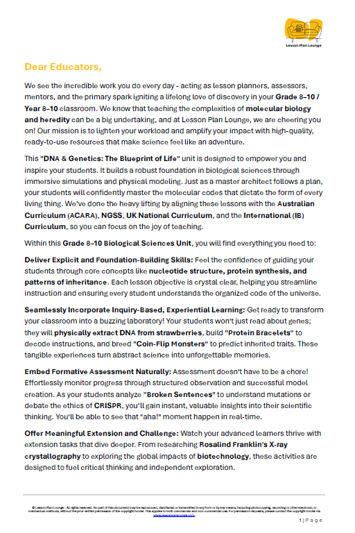 Biological Sciences – DNA & Genetics, the Blueprint of Life - LESSON PLANS