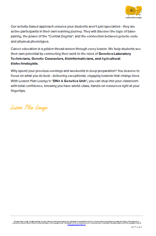 Biological Sciences – DNA & Genetics, the Blueprint of Life - LESSON PLANS