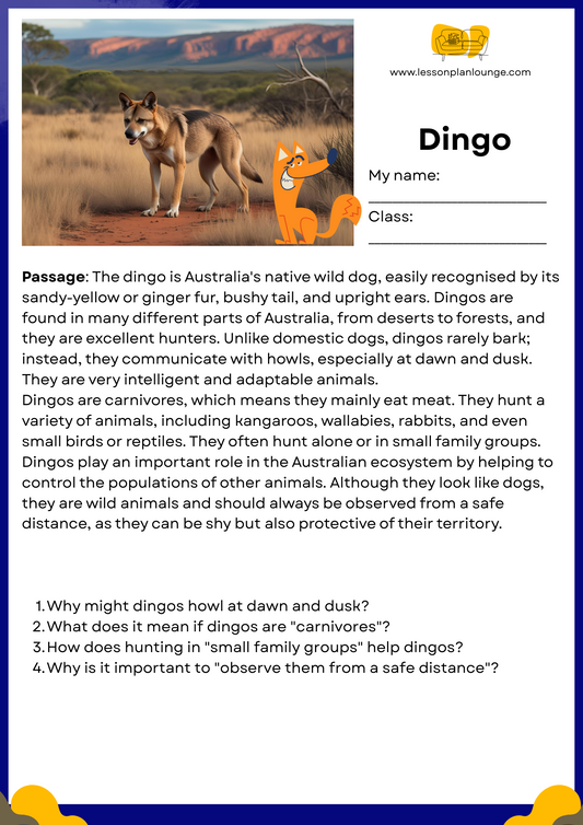 FREE Download - English - Reading - Passages - Dingo
