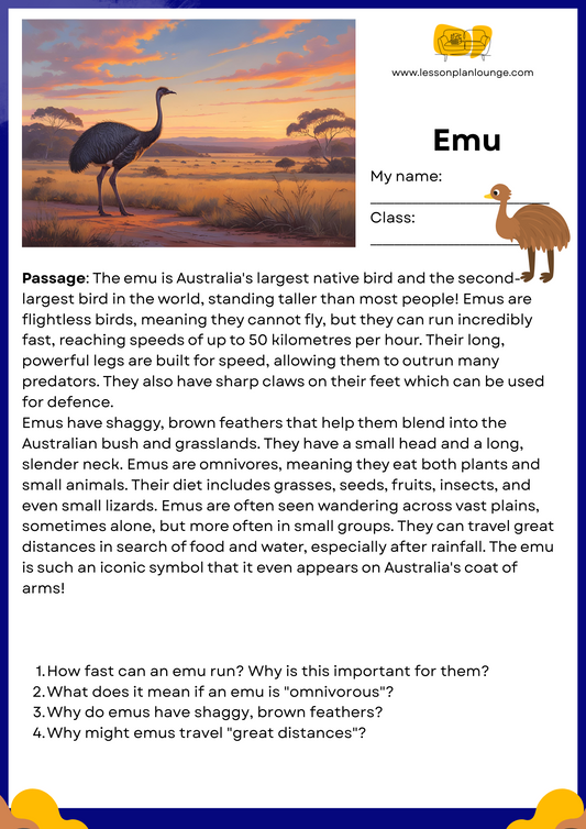 FREE Download - English - Reading - Passages - Emu