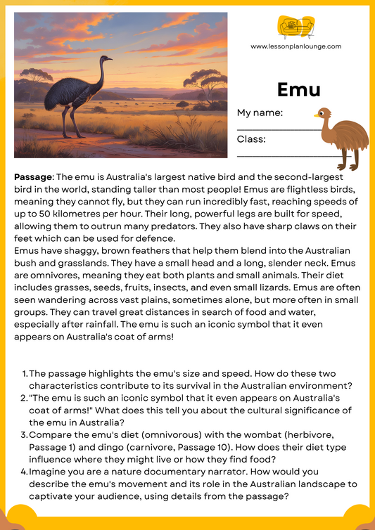 FREE Download - English - Reading - Passages – Emu