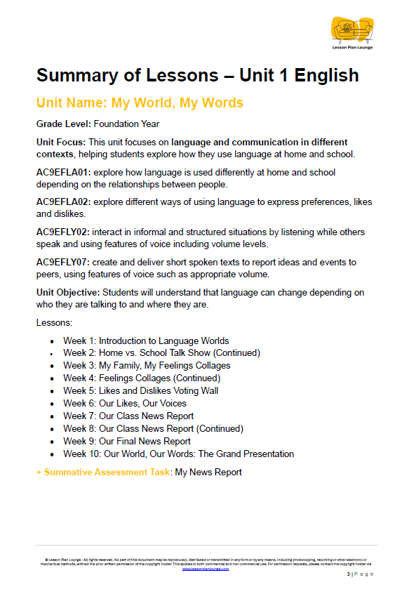 English Lesson Plans - Literacy, Literature, Reading Writing  - Foundation Year/ Prep Year/ Kindergarten