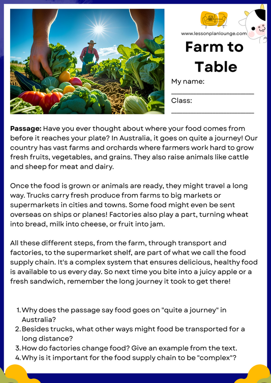 FREE Download - English - Reading - Passages – Farm to Table