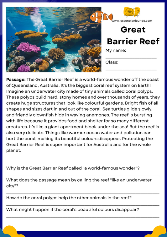 FREE Download - English - Reading - Passages – Great Barrier Reef