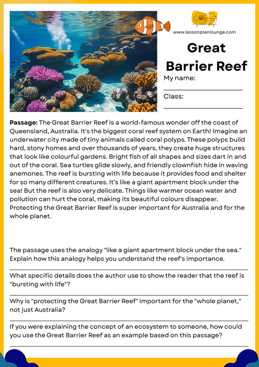 FREE Download - English - Reading - Passages – Great Barrier Reef