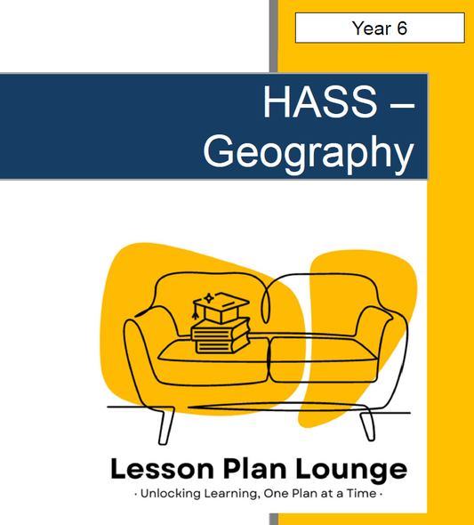Cover of a geography lesson plan book for Year 6 with a couch and books illustration.