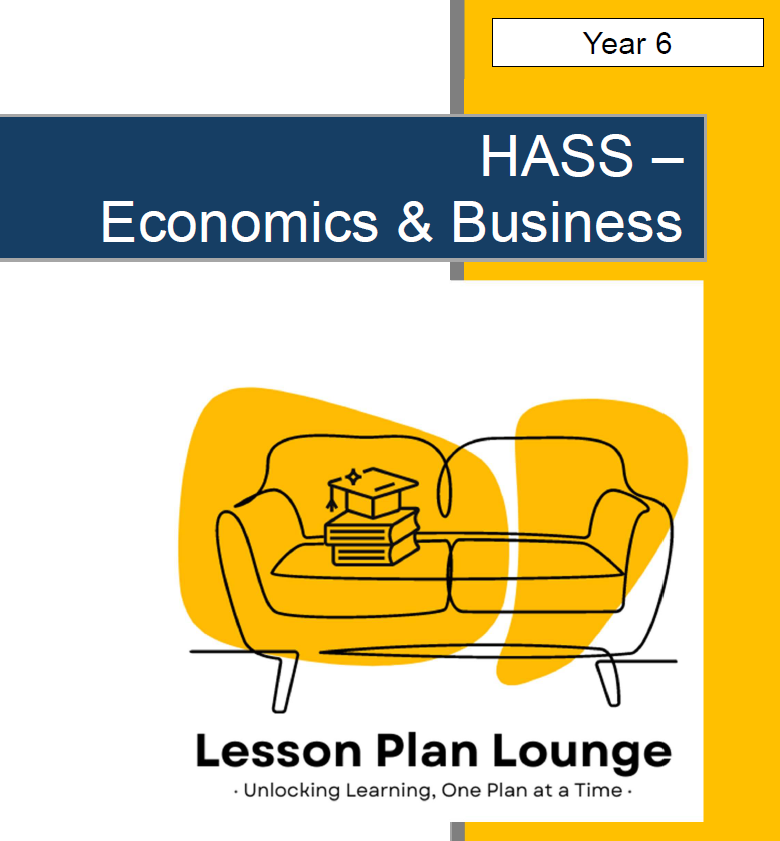 Book cover of 'HASS Economics & Business' with a yellow couch and books illustration on a white background.