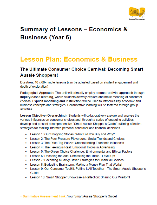 Lesson plan summary for Economics & Business Year 6 with a focus on consumer choice and smart shopping.