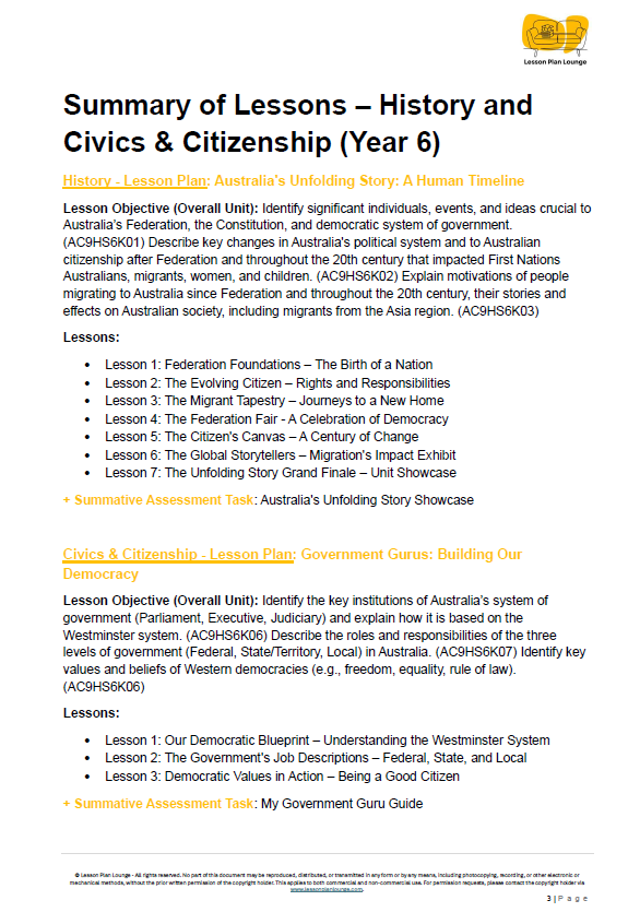 Summary of lessons for History and Civics & Citizenship Year 6, with text on a white background.