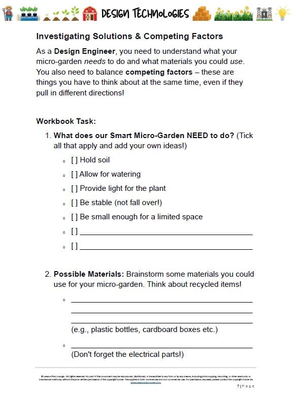 Worksheet titled 'Investigating Solutions & Competing Factors' for a Design Engineer project on a micro-garden.