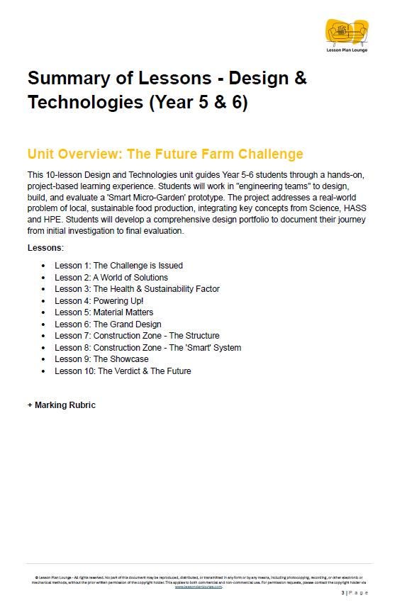Summary of lessons on Design & Technologies for Year 5 & 6 students, focusing on a future farm challenge project.