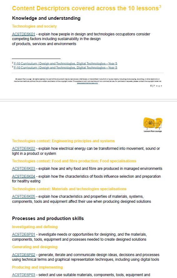 Educational content descriptors for design and technology lessons on a white background with yellow text.