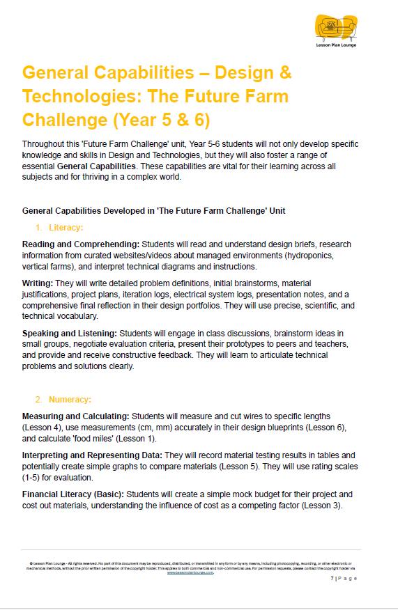 Educational document detailing General Capabilities in Design & Technologies for Year 5 & 6 students, titled 'The Future Farm Challenge'.