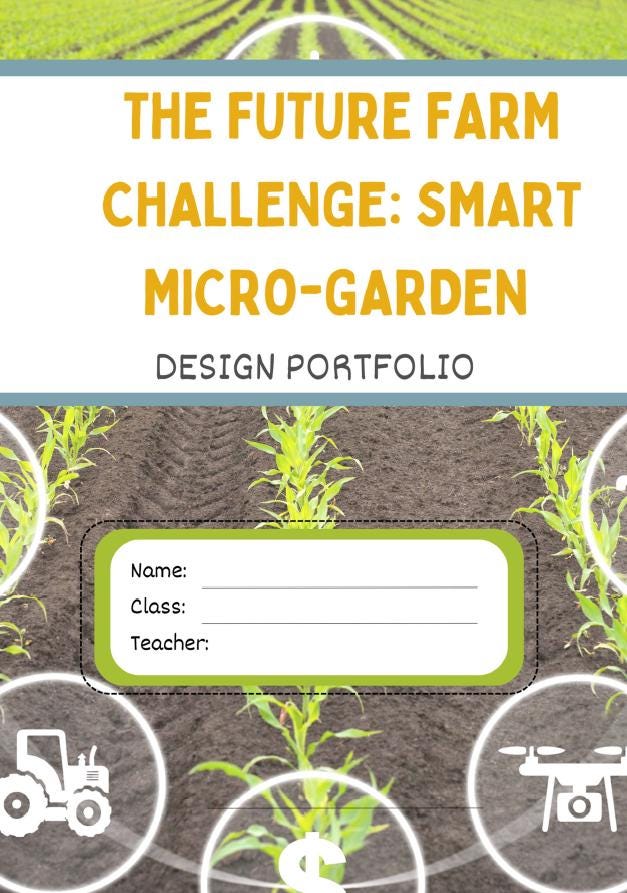 Design portfolio cover for 'The Future Farm Challenge: Smart Micro-Garden' with farming icons and text.