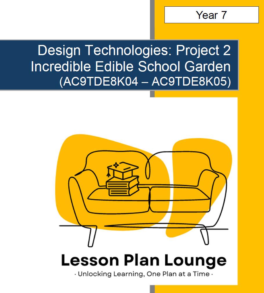 Cover of a lesson plan for Design Technologies project on an edible school garden, featuring a yellow couch and books.