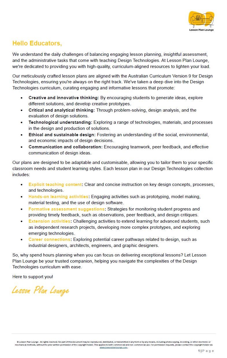 Educational document about lesson plans for Design Technologies with a logo at the top.