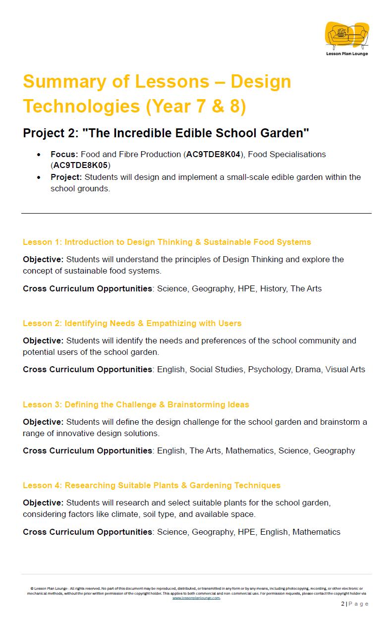Educational document titled 'Summary of Lessons - Design Technologies (Year 7 & 8)' with project details on an edible school garden.