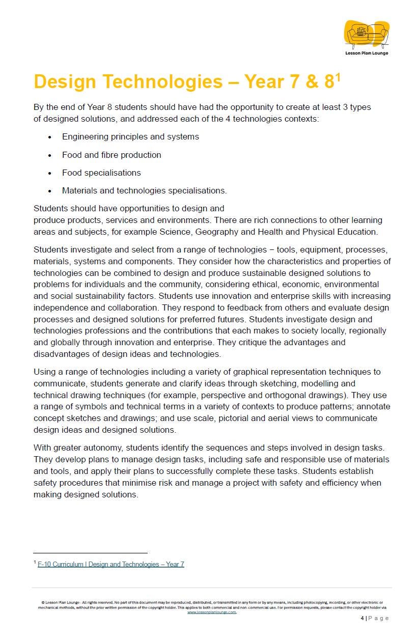 Educational document on Design Technologies for Year 7 & 8 students, outlining learning outcomes and expectations.