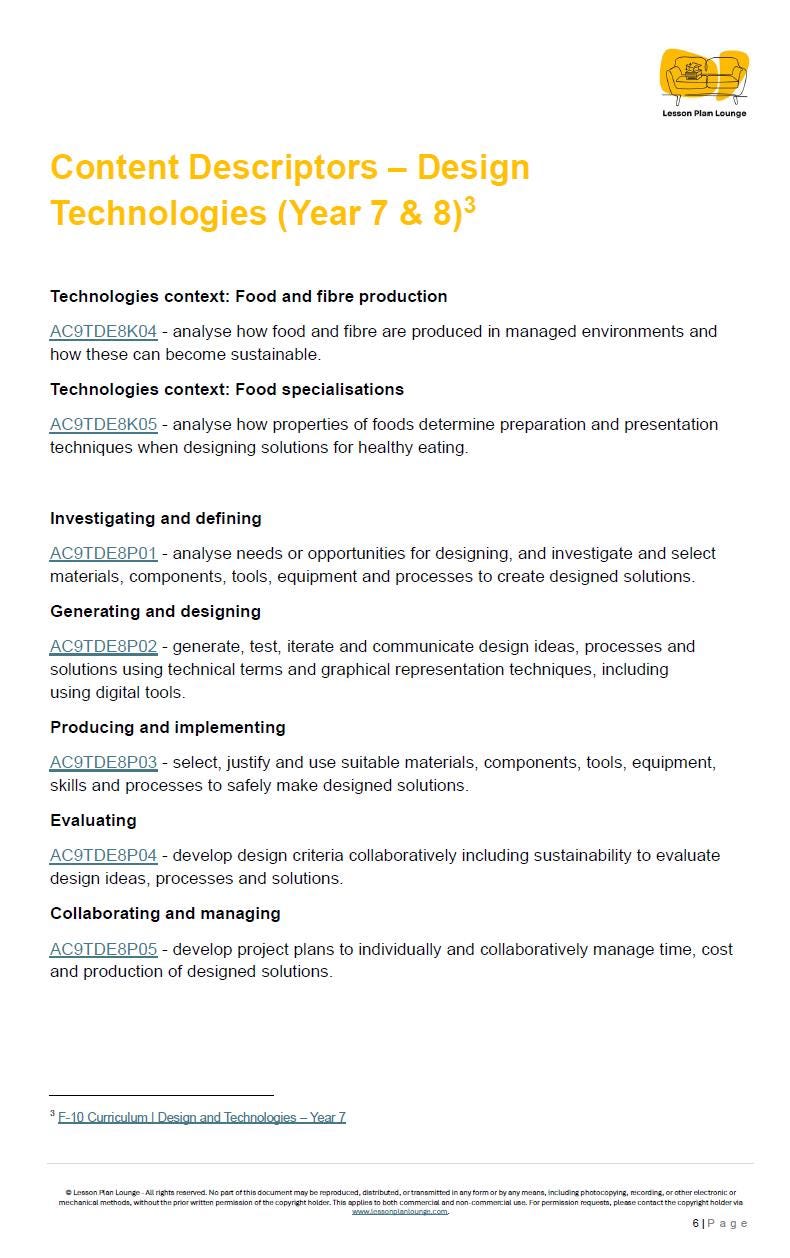 Sheet of paper with text on design technologies for Year 7 & 8, featuring a logo at the top right corner.