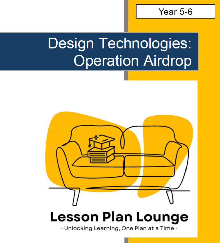 Cover of 'Design Technologies: Operation Airdrop' lesson plan with a yellow couch and books illustration.