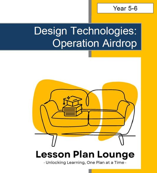 Cover of 'Design Technologies: Operation Airdrop' lesson plan with a yellow couch and books illustration.