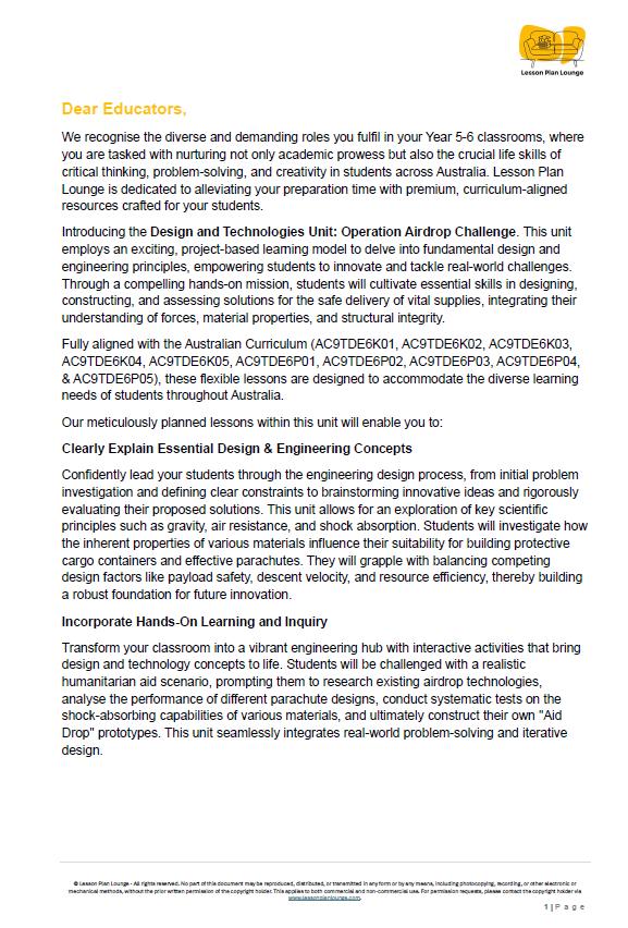 Educational document about Design and Technologies unit with Lesson Plan Lounge logo.